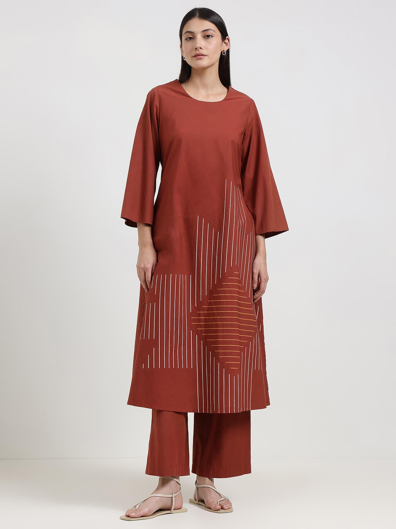 Cotton Geometric Print Kurta Set - Rust