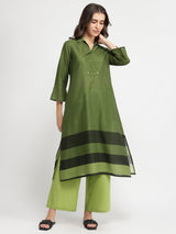 Cotton Striped A-Line Kurta Set - Green