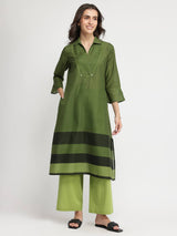 Cotton Striped A-Line Kurta Set - Green