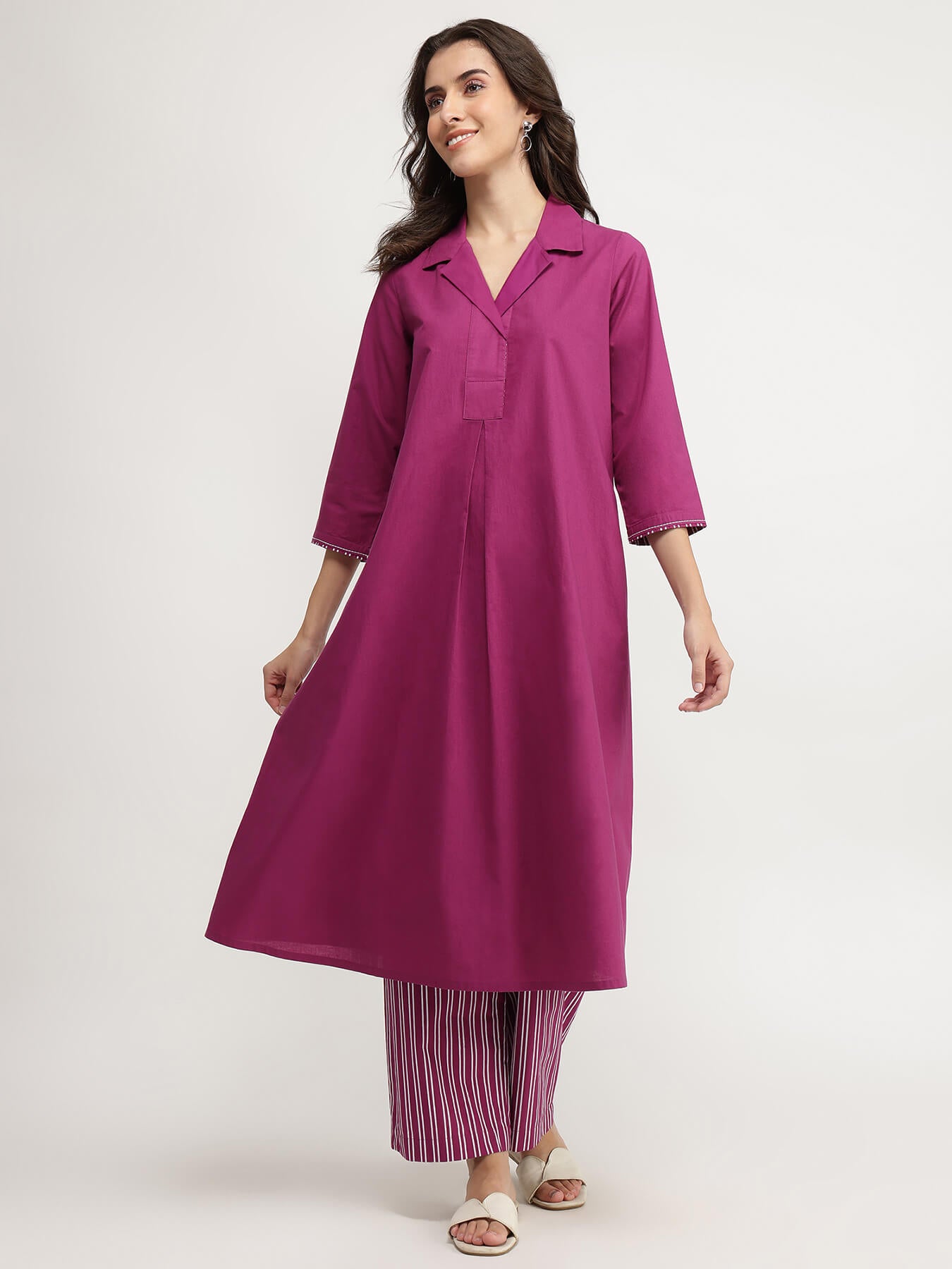 Cotton Solid & Striped Kurta Set - Magenta
