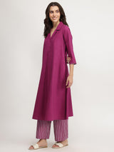 Cotton Solid & Striped Kurta Set - Magenta