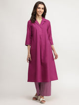 Cotton Solid & Striped Kurta Set - Magenta