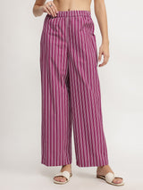Cotton Solid & Striped Kurta Set - Magenta
