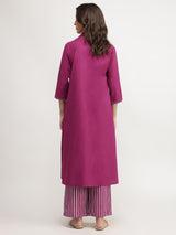 Cotton Solid & Striped Kurta Set - Magenta