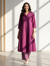 Cotton Solid & Striped Kurta Set - Magenta