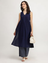 Cotton Solid & Striped Kurta Set - Navy Blue