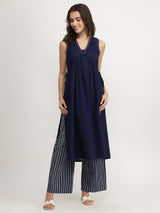 Cotton Solid & Striped Kurta Set - Navy Blue