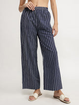 Cotton Solid & Striped Kurta Set - Navy Blue