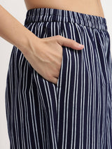 Cotton Solid & Striped Kurta Set - Navy Blue