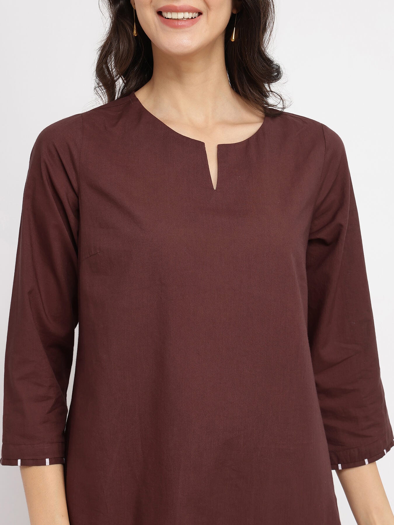 Cotton Solid & Striped Kurta Set - Brown