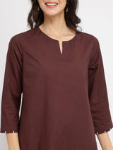 Cotton Solid & Striped Kurta Set - Brown