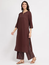 Cotton Solid & Striped Kurta Set - Brown