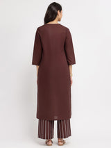Cotton Solid & Striped Kurta Set - Brown