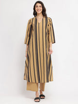 Cotton Striped & Solid Kurta Set - Mustard & Black