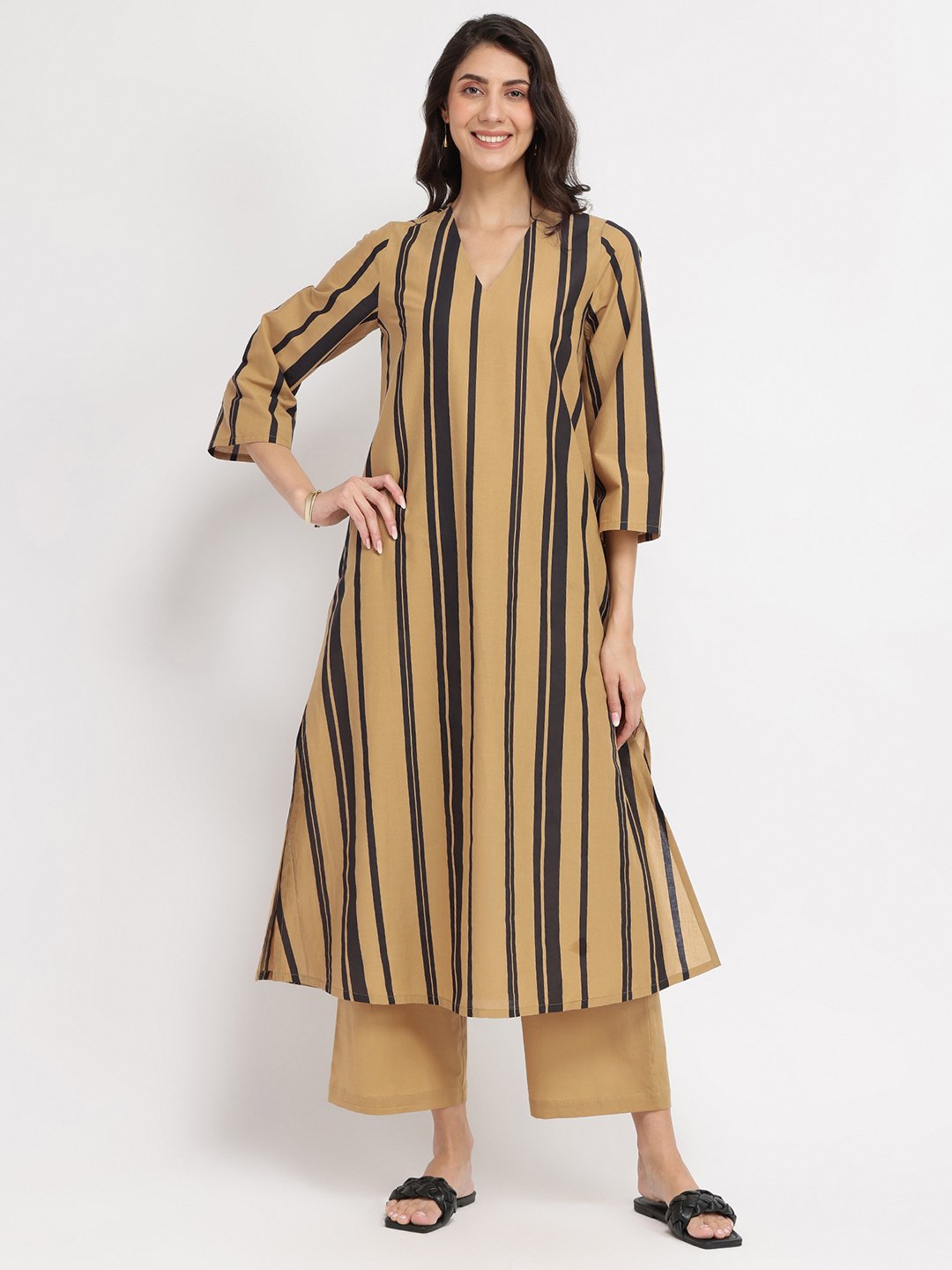 Cotton Striped & Solid Kurta Set - Mustard & Black