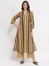 Cotton Striped & Solid Kurta Set - Mustard & Black