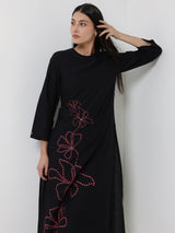 Cotton Floral Placement Print Kurta Set - Black & Pink