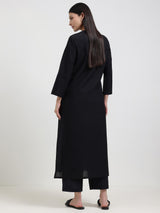 Cotton Floral Placement Print Kurta Set - Black & Pink