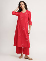 Cotton Geometric Print Kurta Set - Red