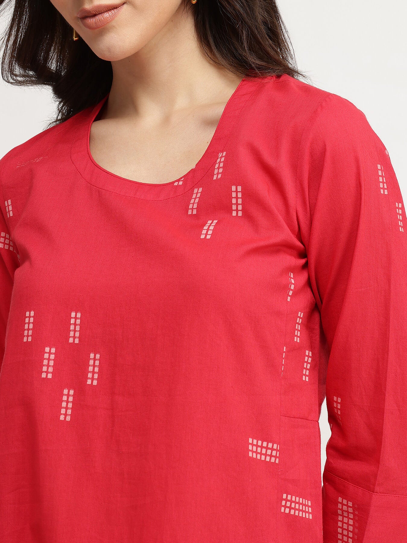 Cotton Geometric Print Kurta Set - Red