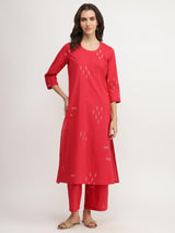 Cotton Geometric Print Kurta Set - Red
