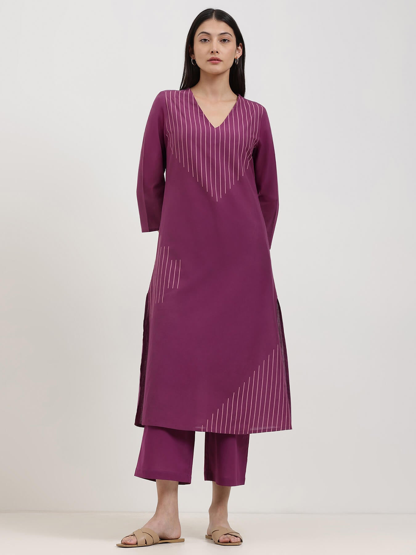 Cotton Geometric Print Kurta Set - Purple