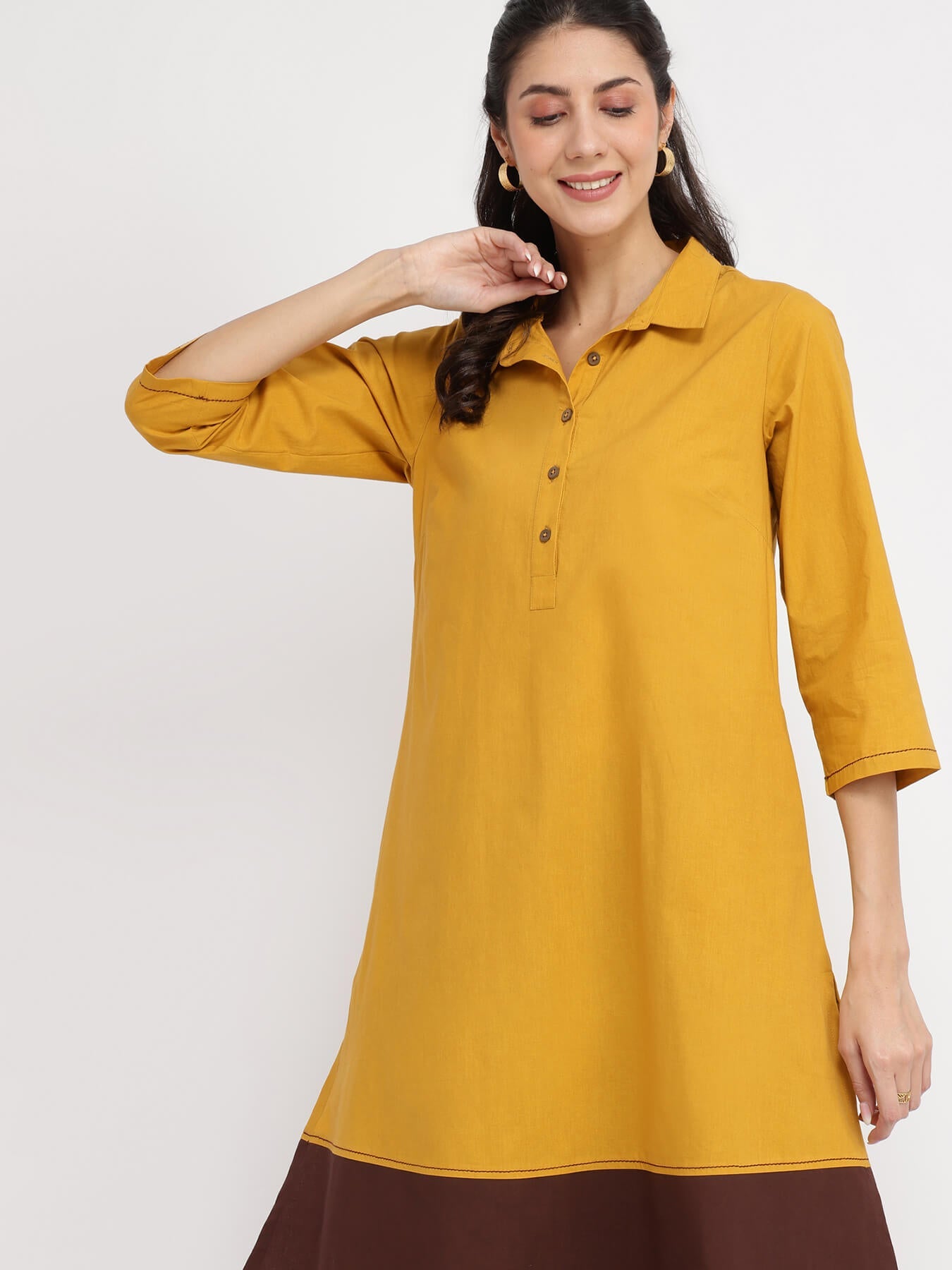 Cotton Colourblock A-Line Kurta Set - Mustard & Brown