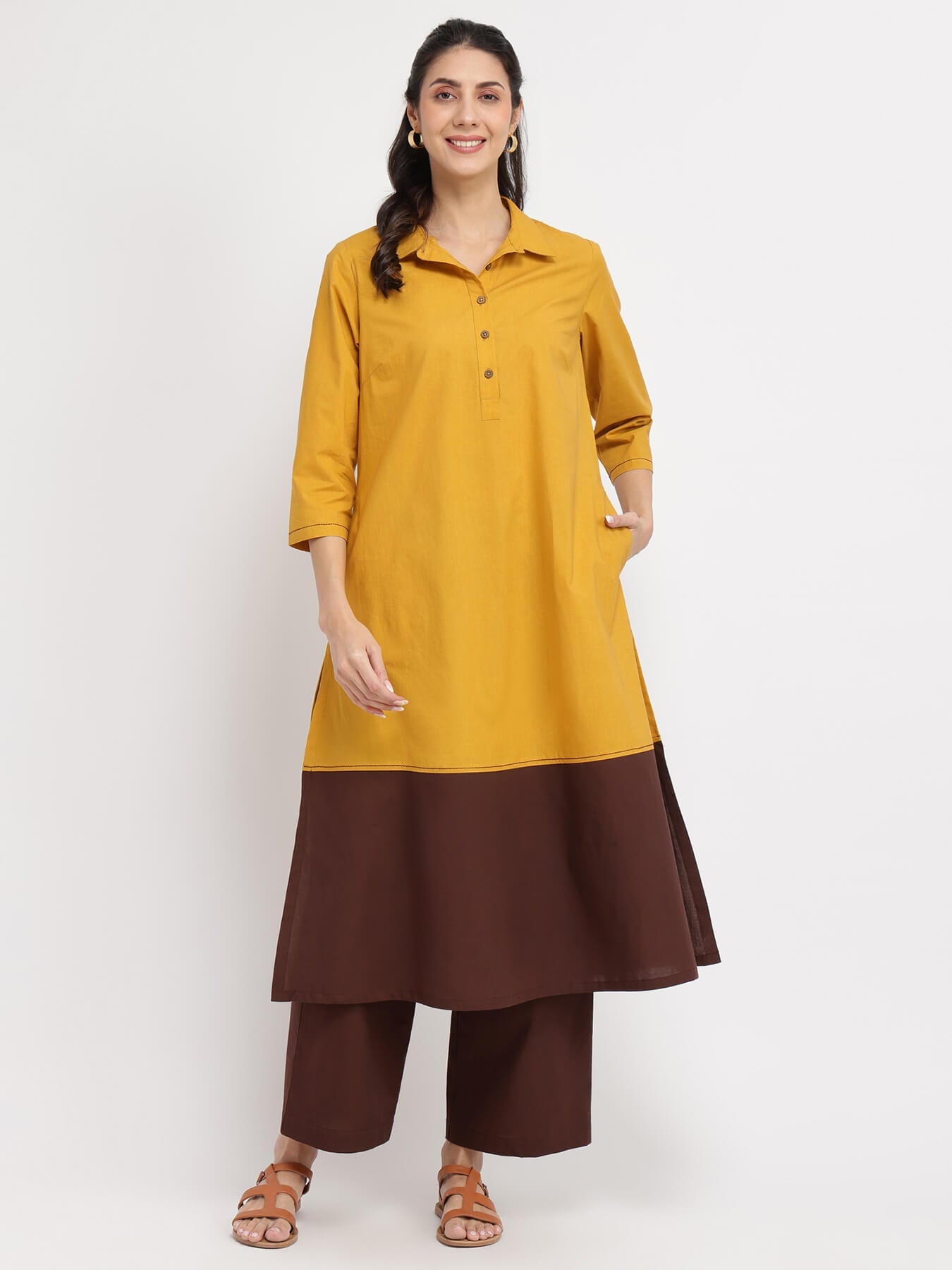Cotton Colourblock A-Line Kurta Set - Mustard & Brown