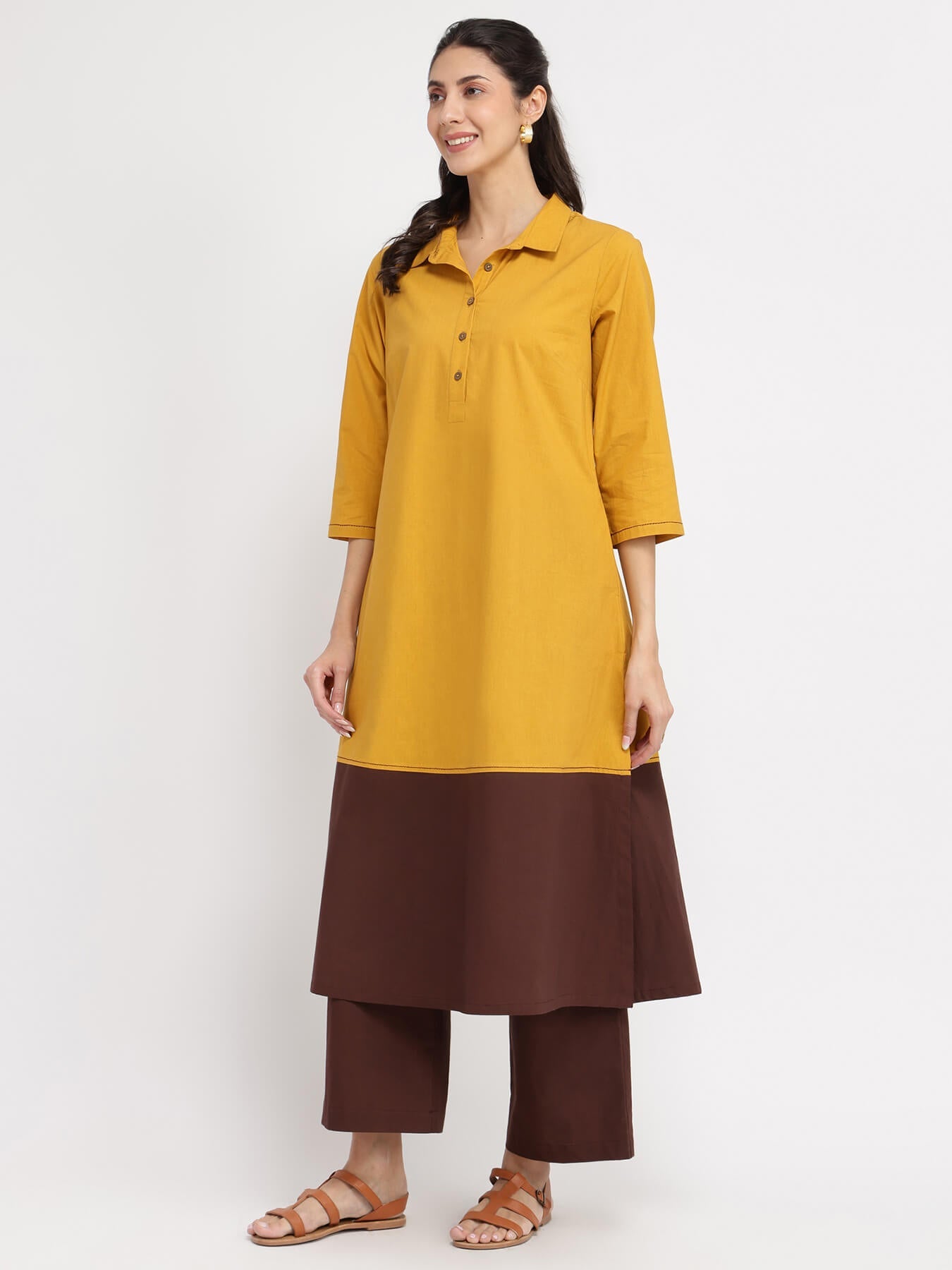 Cotton Colourblock A-Line Kurta Set - Mustard & Brown