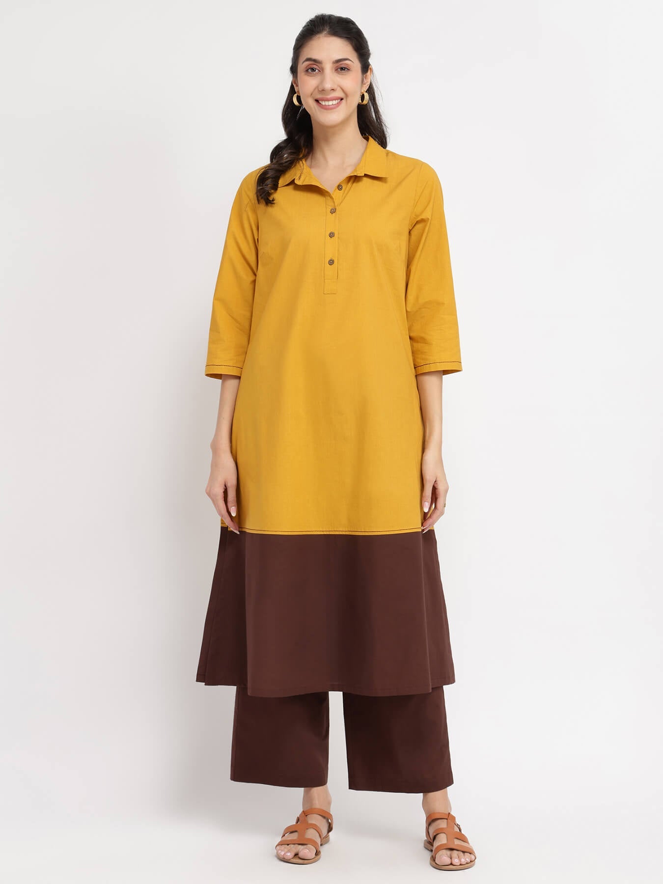 Cotton Colourblock A-Line Kurta Set - Mustard & Brown