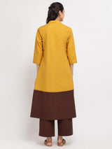 Cotton Colourblock A-Line Kurta Set - Mustard & Brown
