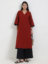 Cotton Colourblock Kurta Set - Maroon & Black