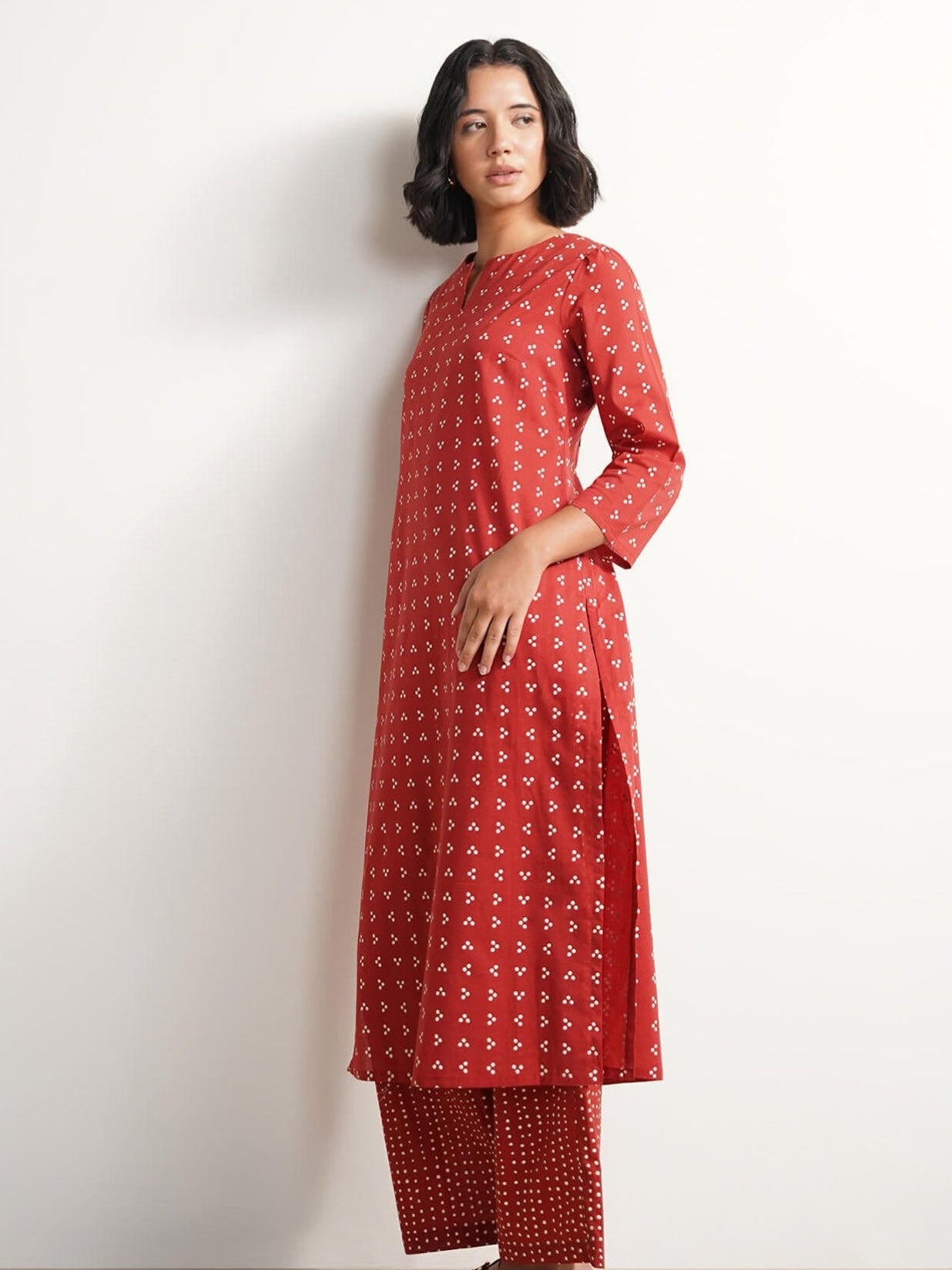 Cotton Tribal Print Straight Kurta Set - Red