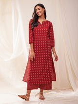 Cotton Tribal Print Straight Kurta Set - Red