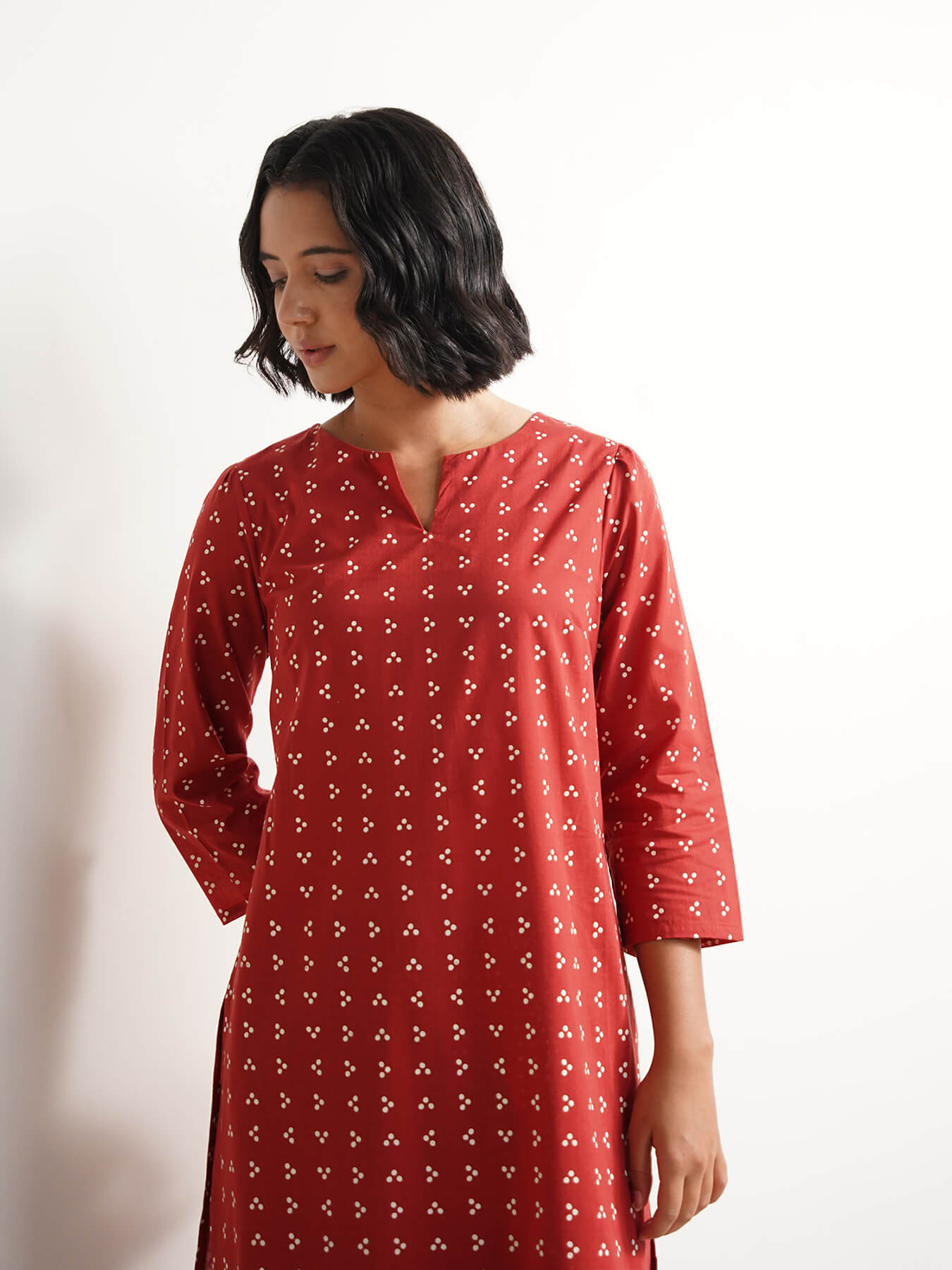 Cotton Tribal Print Straight Kurta Set - Red