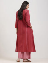 Cotton Striped Shirt Collar Kurta Set - Maroon & Pink