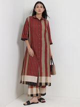 Cotton Stripe Play Shirt Kurta Set - Beige & Rust