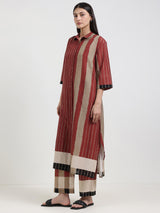 Cotton Stripe Play Shirt Kurta Set - Beige & Rust
