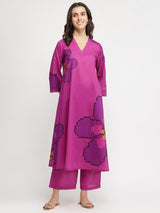 Cotton Floral A-Line Kurta Set - Pink & Purple