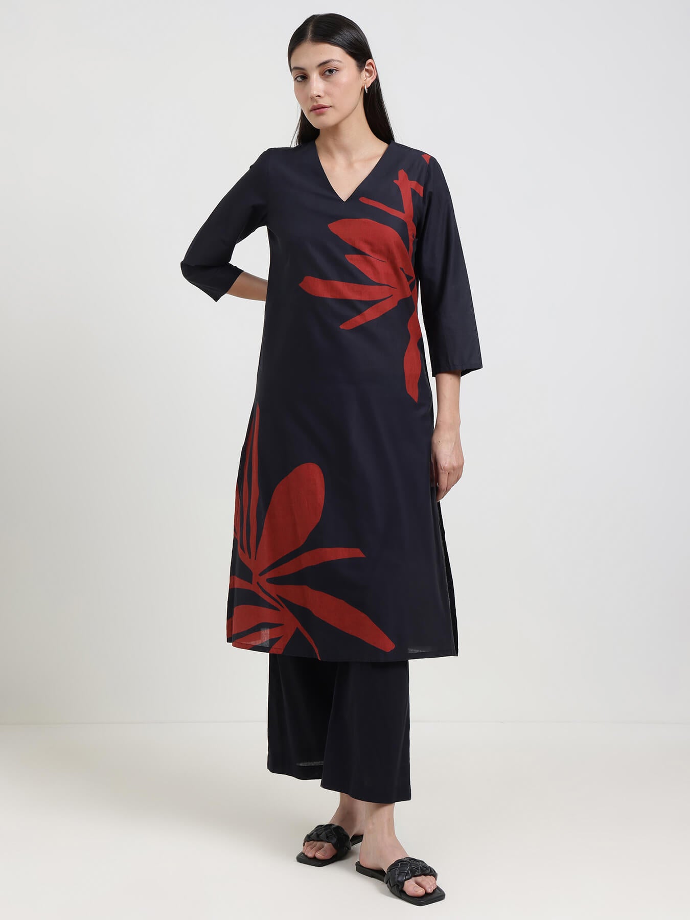 Cotton Floral A-Line Kurta Set - Black & Red