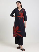 Cotton Floral A-Line Kurta Set - Black & Red