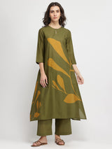 Cotton Floral A-Line Kurta Set - Olive & Mustard