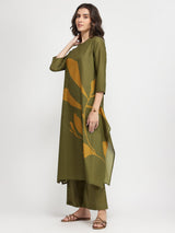Cotton Floral A-Line Kurta Set - Olive & Mustard