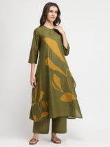 Cotton Floral A-Line Kurta Set - Olive & Mustard