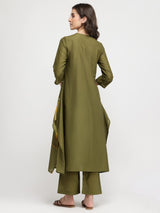 Cotton Floral A-Line Kurta Set - Olive & Mustard