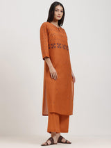 Cotton Geometric Print Kurta Set - Orange