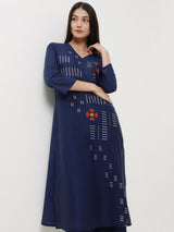 Cotton Geometric Print Kurta Set - Navy Blue
