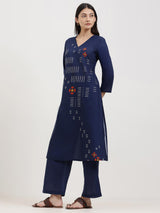 Cotton Geometric Print Kurta Set - Navy Blue