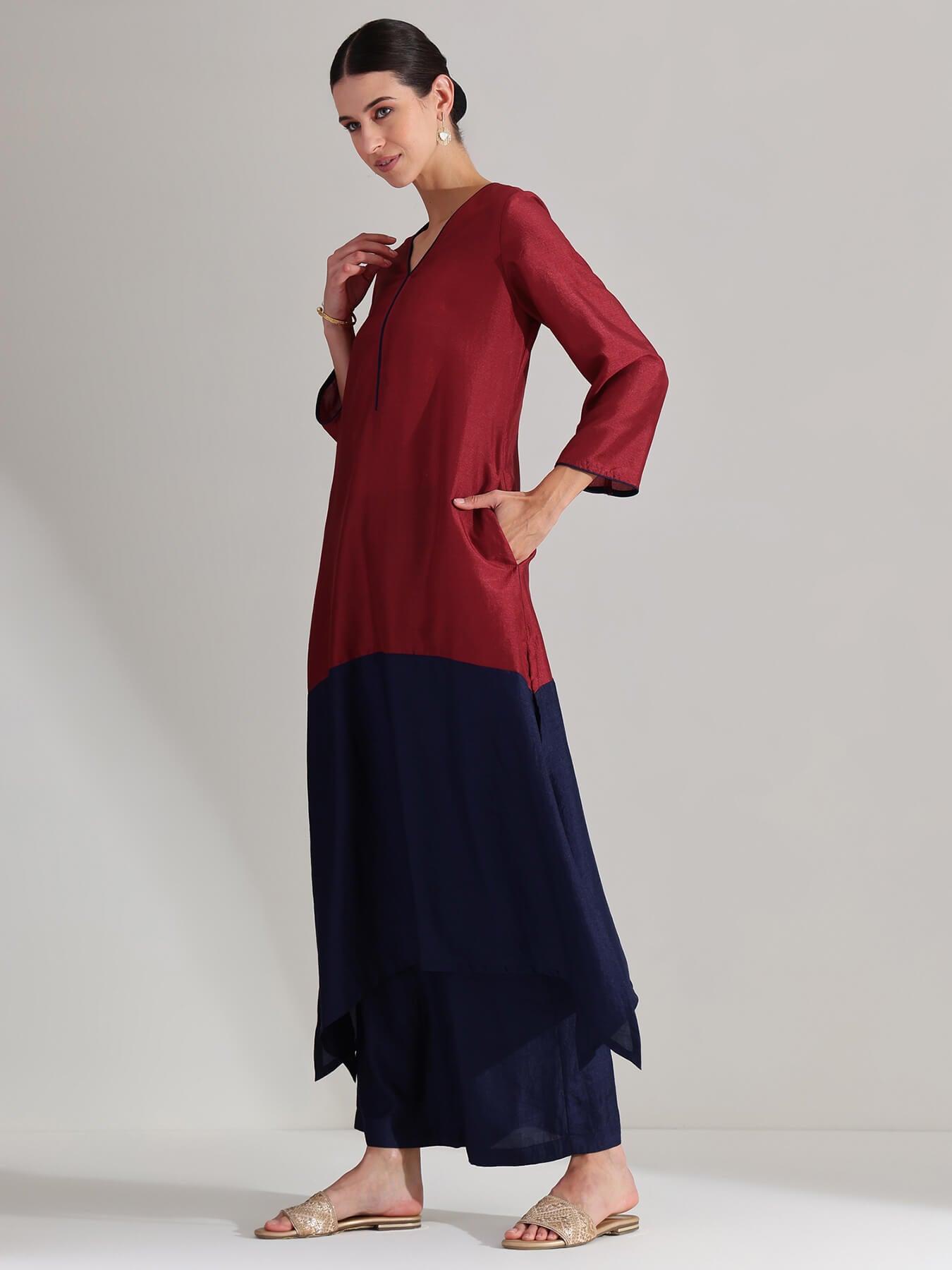 Silk Blend Colourblock Kurta Set - Red & Blue