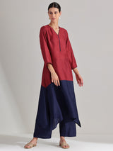 Silk Blend Colourblock Kurta Set - Red & Blue